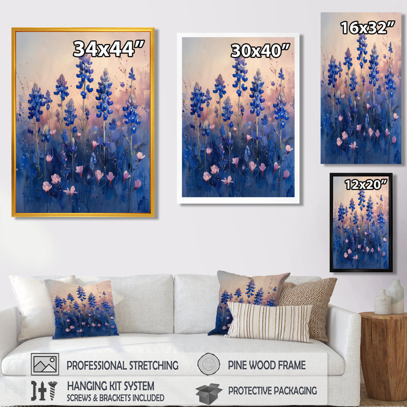 Blue Sunrise Splendor Blue Bonnets II - Blue Bonnets, art mural, H 20 po x l 12 po x P 1 po, Cadre simple noir