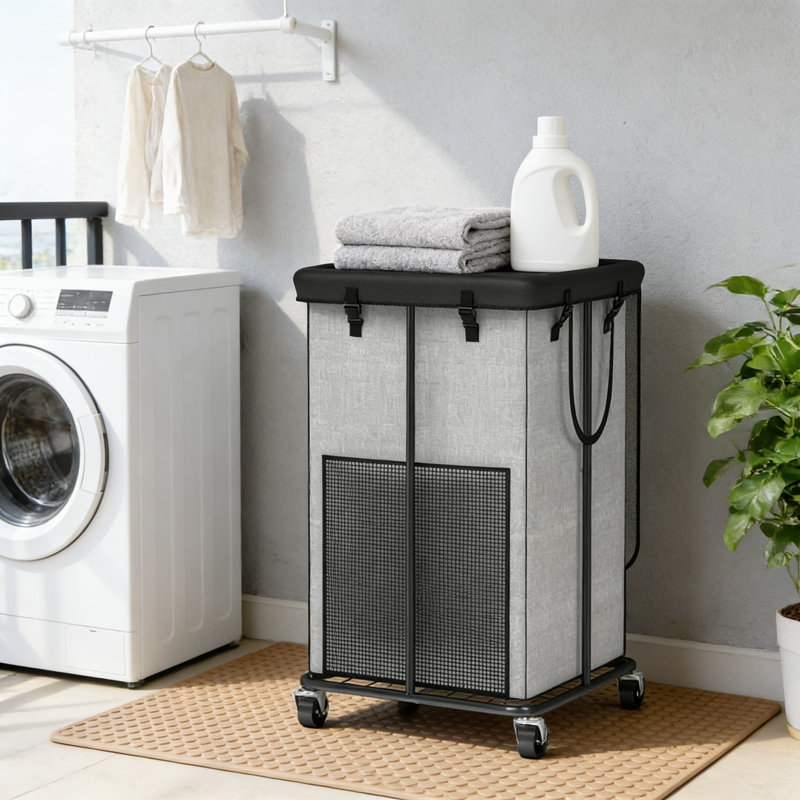 Grand panier à linge avec couvercle et roulettes, structure en métal robuste et sac en tissu Oxford amovible, panier de rangement grande capacité pour la maison, le dortoir ou la salle de lavage