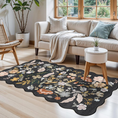 Hallway Rug Washable: Extra Long Floral Scalloped Carpet Non Slip Boho Rug for Indoor Entryway Stain Resistant Rug for Living Room