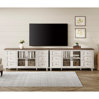 Set Of 2 TV Stand With Glass Door, Rustic White