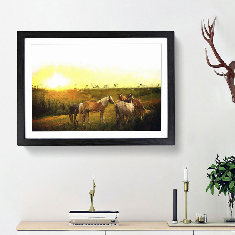 Sunset over the Horses - Picture Frame Painting Print, 36cm H x 48cm W x 2cm D, Black Framed