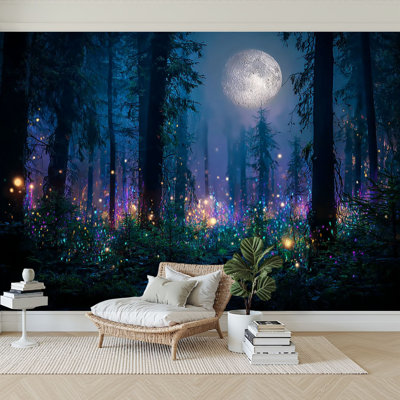 Peel and Stick Wallpaper 96" W x 69" H Modern Self Adhesive Wall Mural for Bedroom Dark fairytale fantasy forest Night forest landscape magical glows