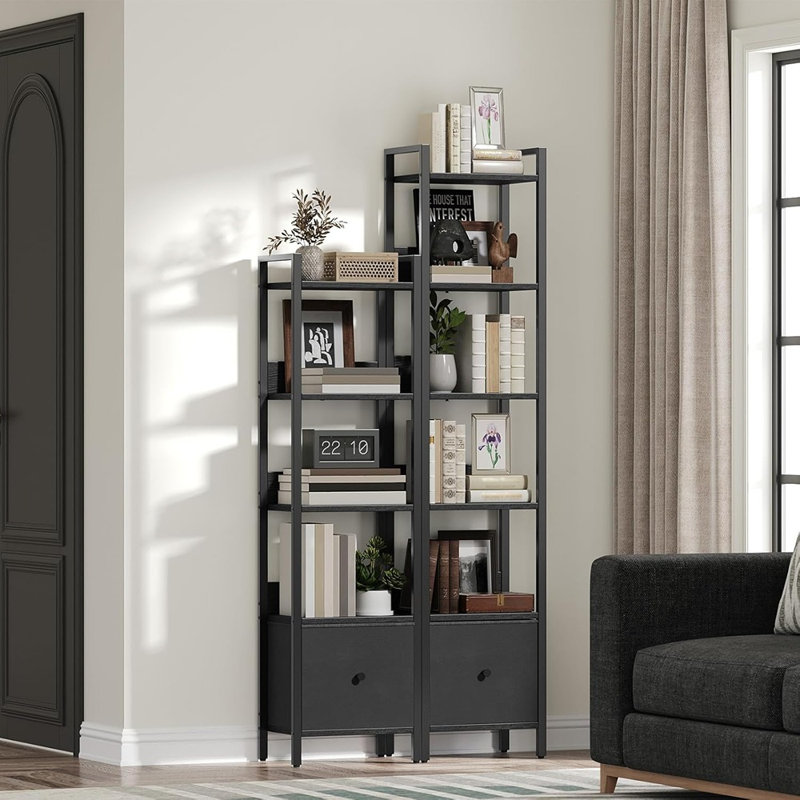 Bibliothèque à 5 niveaux avec tiroir, bibliothèque compacte pour petits espaces, salon, chambre à coucher, bureau ou cuisine, noir