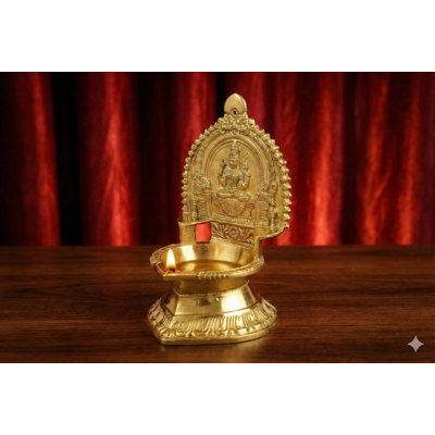 Brass Goddess Rajarajeshwari Vilakku Diya Lamp - Handcrafted Indian Hindu Oil Lamp for Puja Altar Home Decor