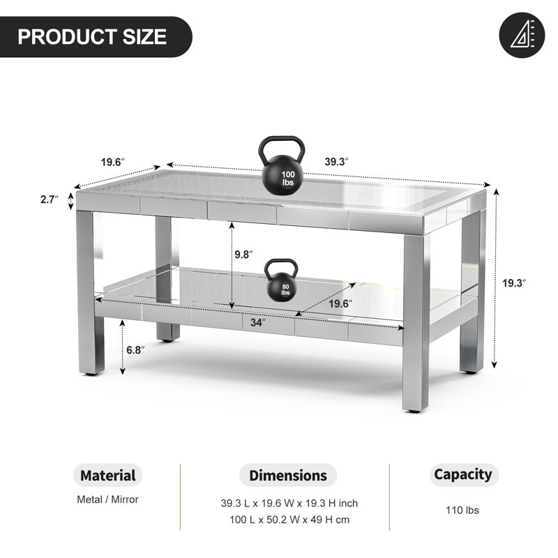 Mirrored 2 Tiers Coffee Table With Led, Rectangle Mirrored Coffee Table With Crushed Diamond And Stainless Steel Legs, Coffee Table For Living Room