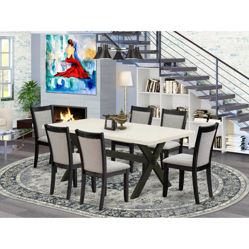 7 Piece Kitchen Table Set Consist of a Rectangle Dining Table with X-Legs and 6 Shitake Linen Fabric Parsons Dining Chairs, Wire Brushed Black Finish