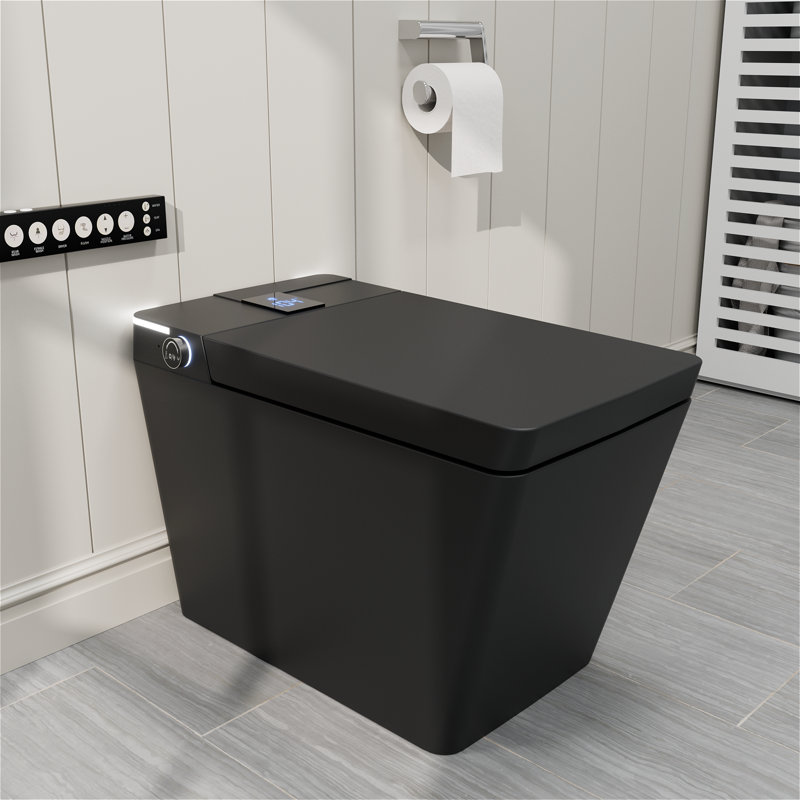 One-piece Floor Mounted Square Smart Toilet With Remote Control And Automatic Cover, Matte Black