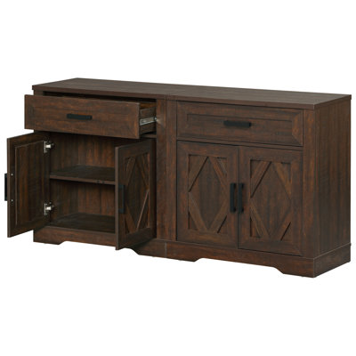 Gryff 2-In-1 Farmhouse Buffet Cabinet With Barn Doors, 63"W Sideboard With Drawers & Cabinets For Dining Room