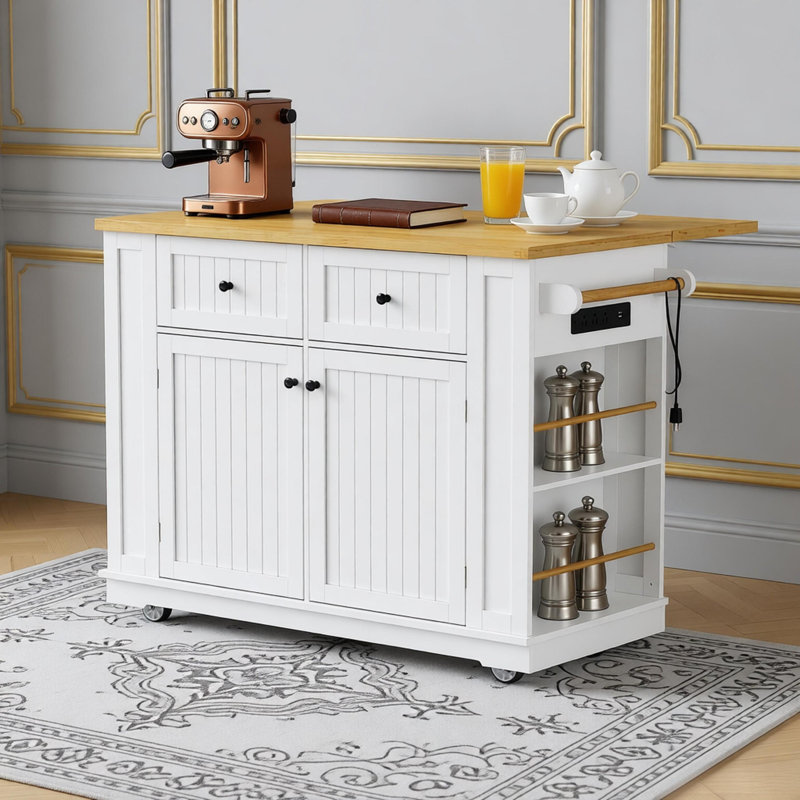 Grand îlot de cuisine de 48 pouces avec rallonge, prise de courant, support de rangement interne, chariot de rangement sur roulettes sur 5 roues avec 5 supports latéraux ouverts pour la cuisine, la salle à manger, blanc (sans les tabourets)