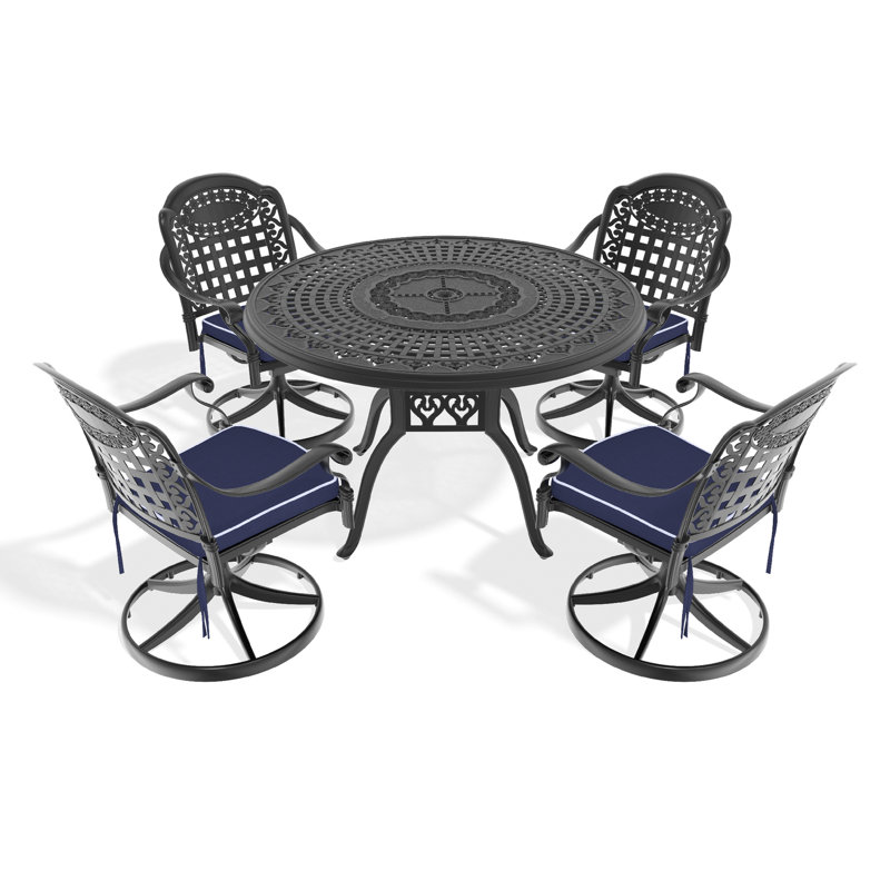 Salle à manger pour le jardin: chaises pivotantes et table ronde de 47,24 po, aluminium, confortable, cadre noir d'extérieur avec et météo, coussins confortables,
