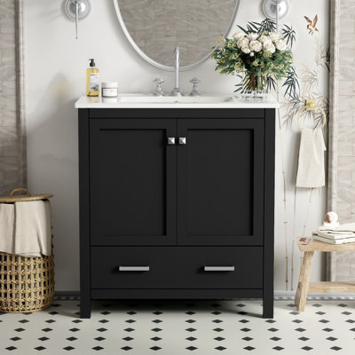 Ensemble de meuble-lavabo à cadre en bois massif 30 po avec lavabo encastré et portes à fermeture en douceur
