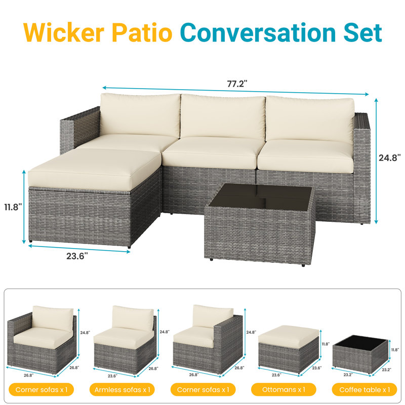 4 Person Sectional Seating Group with Cushions, Cream