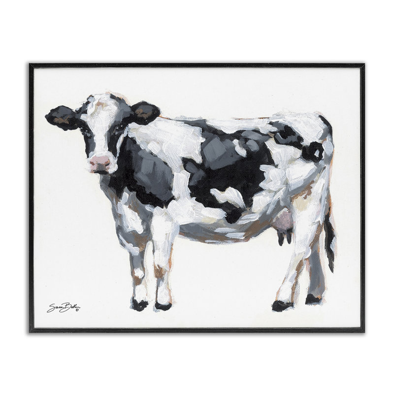 Vache laitière sur estampe blanche encadrée, design par Sara Baker, H 11 po x l 14 po, Giclée encadrée noir minuit