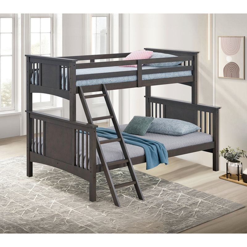 Lit simple superposé au dessus d'un lit double transitionnel, finition grise mixte, serrure, configuration en bois massif et en bois d'ingénierie, lit double moderne, assemblage en bois et serrure