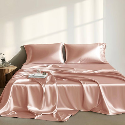 Ensemble de draps 4 pièces en satin de couleur rosé - luxueux, froissé, doux pour les cheveux, pouvant accueillir un matelas de 16 po