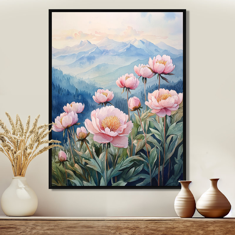 Pivoines dans la haute crête I - Pivoines, reproductions encadrées, H 32 po x l 16 po, Reproduction avec cadre flottant, Noir
