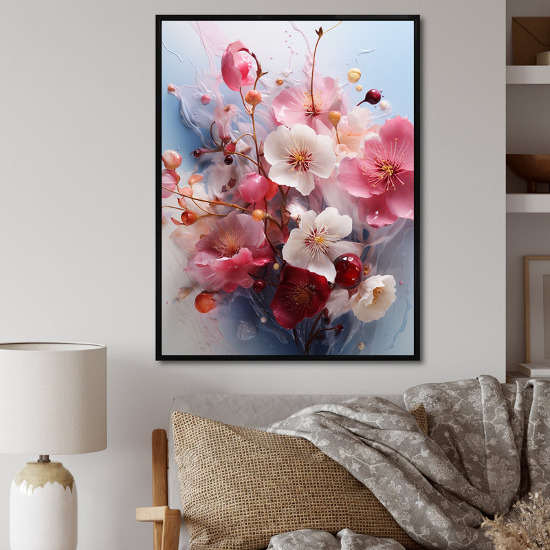 Fleurs de cerisier rose - Art mural cerisier en fleurs, Cadre flottant noir, H 32 po x l 16 po x P 1 po