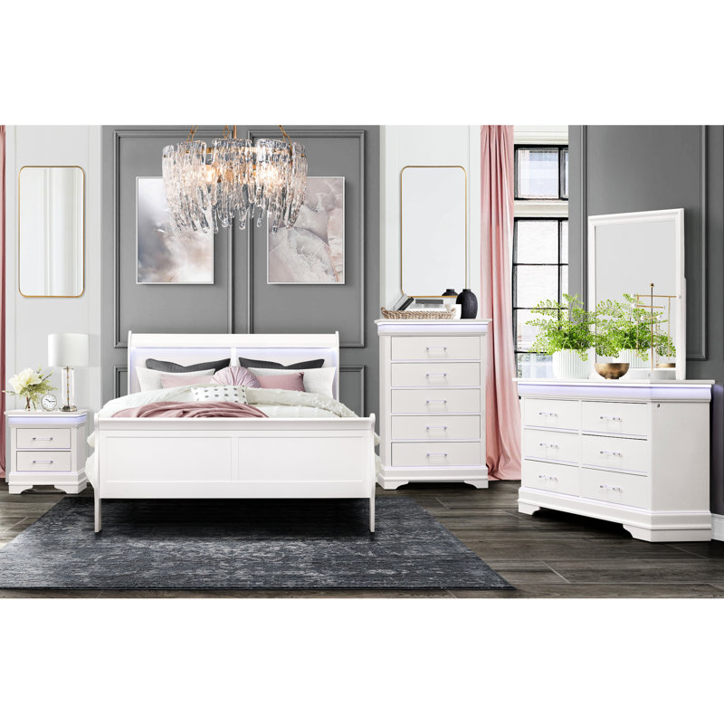 Table de chevet spacieuse blanche avec DEL - 2 tiroirs en bois massif + armoire