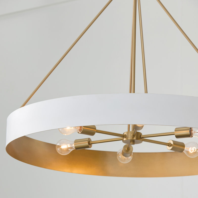 35.75"W x 27.25"H 6-Light Modern Circular Metal Chandelier, Matte Brass/White