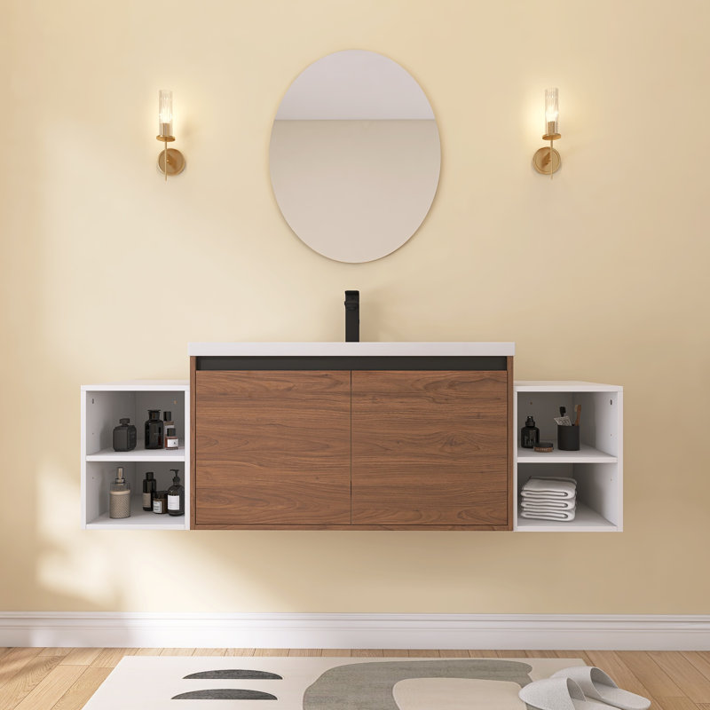 Meuble-lavabo mural Earnby 60 po avec lavabo en résine, deux tablettes de rangement ouvertes, hauteur réglable, poignée biseautée à 45°, portes à fermeture amortie, brun ébène
