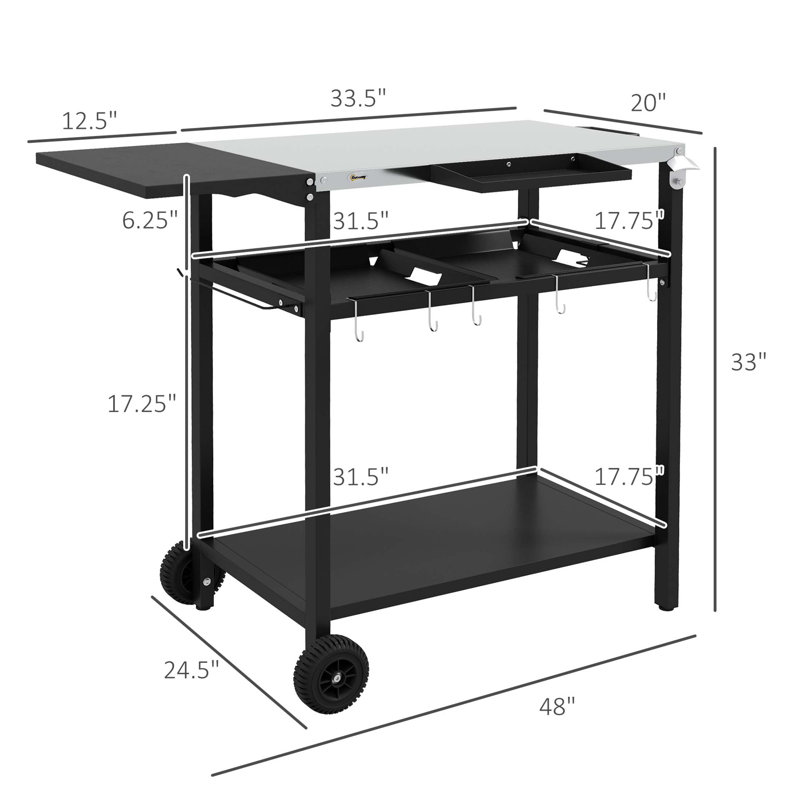 Outsunny Outdoor Bar Cart With Stainless Steel Tabletop, Kitchen Island On Wheels, 2 Tiers & Seasoning Shelf, Patio Serving Cart With Hooks, Towel & Garbage Bag Holder, Plates & Spice Jars