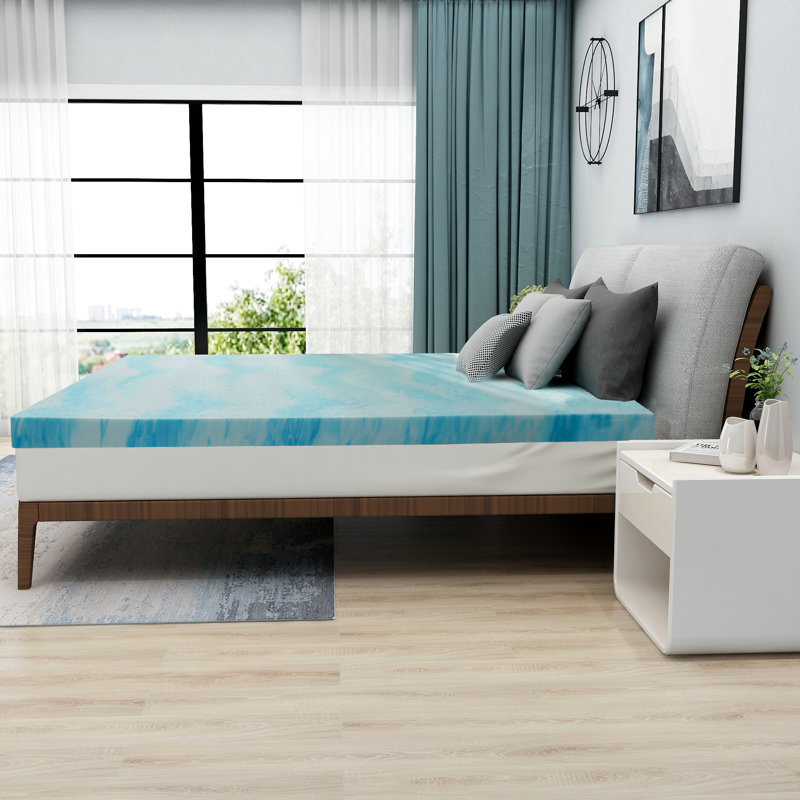 Szymanski 3'' Gel Memory Foam Mattress Topper, Queen, Blue/White