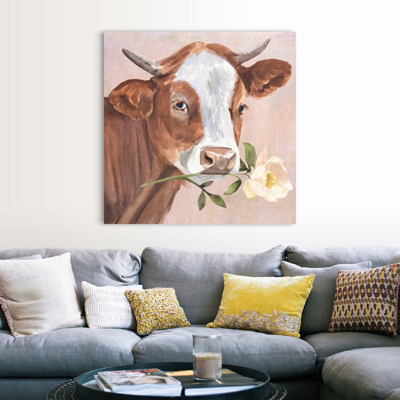 Peony Cow II, art mural sur toile, H 48 po x l 48 po x P 1 po, Toile tendue