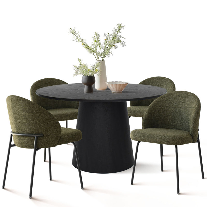 5-Piece Round Dining Table Set For 4 With Upholstered Chairs, 46" Pedestal Kitchen Table Set, Green