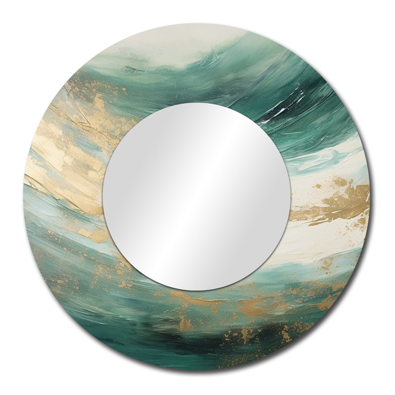 Gold And Green Soft Wave Fusion - Abstract Shapes Mirror, Beige Round Decorative Wall Mirror, Printed Metal Art, 29" x 29"