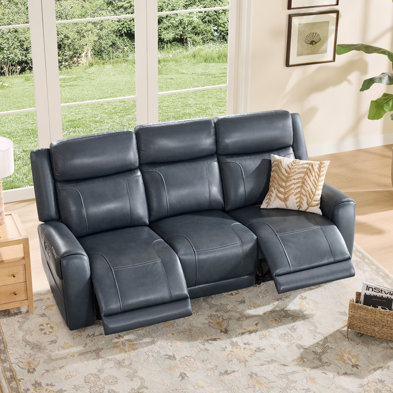 Canapé inclinable électrique en cuir véritable à 3 sièges avec repose-tête électrique Winslow, Marine