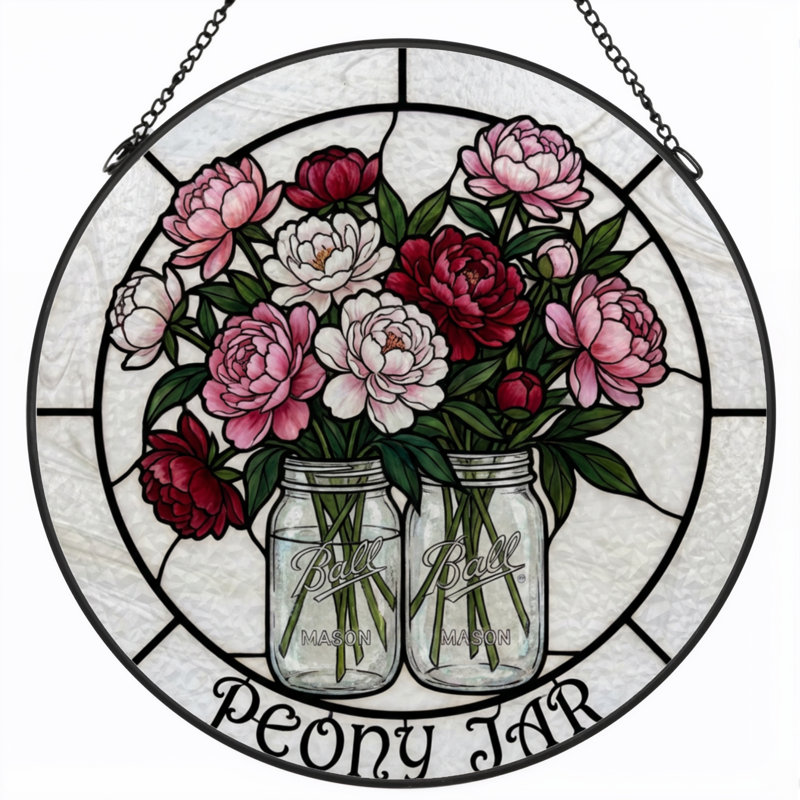 7.8"H Peony Jar Stained Glass Window Panel, 7.8" H x 7.8" W