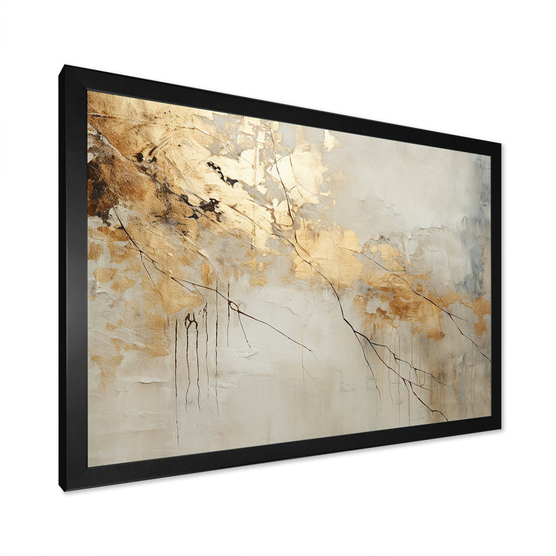 Art mural grand beige et or VI - formes abstraites, Cadre simple noir, H 30 po x l 40 po x P 1,5 po
