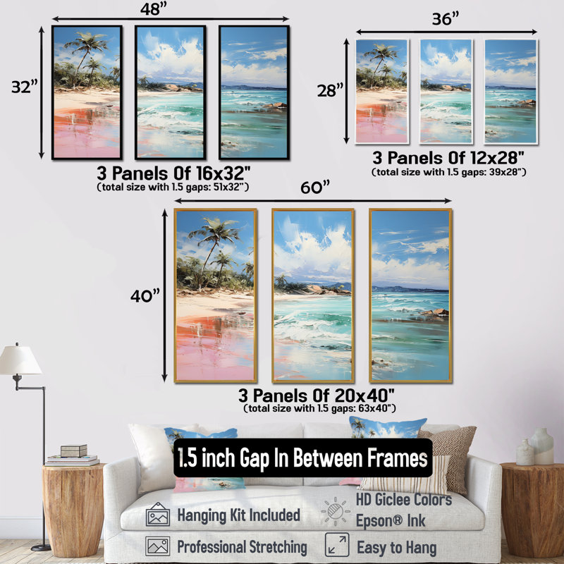 «Green Tropical Beach Escape I» - art mural bord de mer tropical, H 32 po x l 48 po x P 1 po, Cadre flottant noir