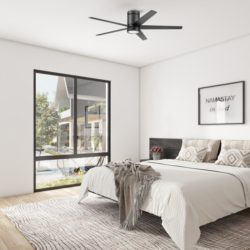 52" Graceshire 5 - Blade LED Flush Mount Ceiling Fan with Remote Control and Light Kit Included, Matte Black