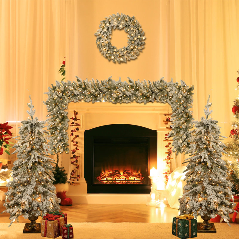 Ensemble de 4 pièces d'arbre de Noël artificiel pré-éclairé, guirlande, couronne et ensemble de 2 arbres d'entrée, X-Mas avec lumières DEL, ensemble de fête du PVC
