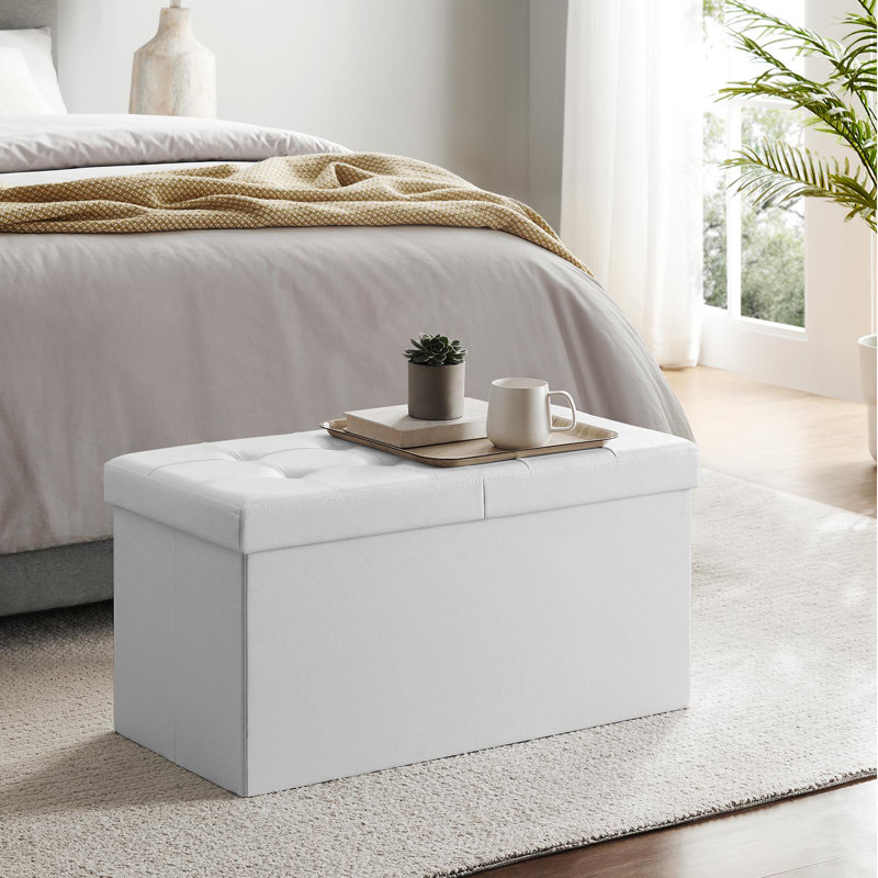 Folding Storage Ottoman Bench With Flipping Lid, White