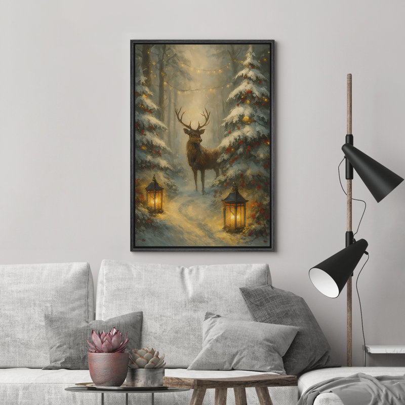 Stag in Snowy Forest with Lanterns and Winter Lights Framed Canvas Master Bedroom Wall Art Work Print, 24" H x 16" W x 1.5" D