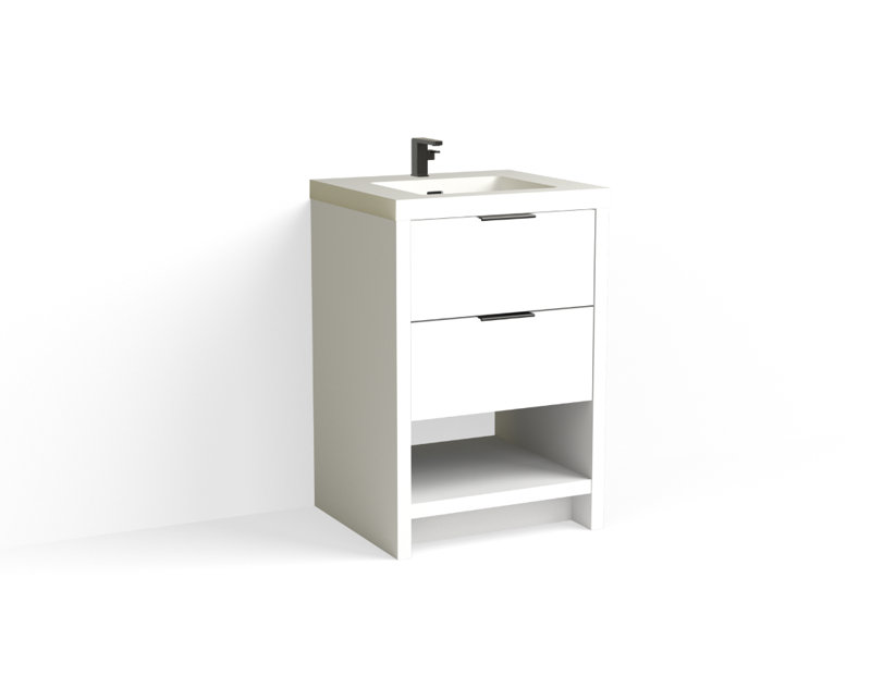 Vue 24" W Freestanding Single Bathroom Vanity, Glossy White/Single, Matte Black, White Nanomatte