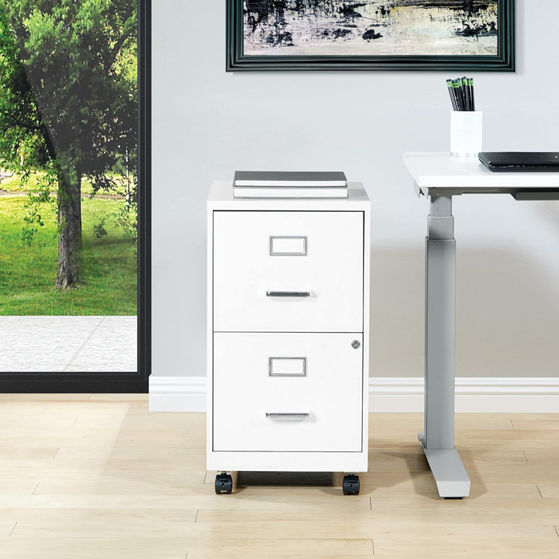 Locking Metal File Cabinet With Mobile Casters For Office Organization And Document Security, White