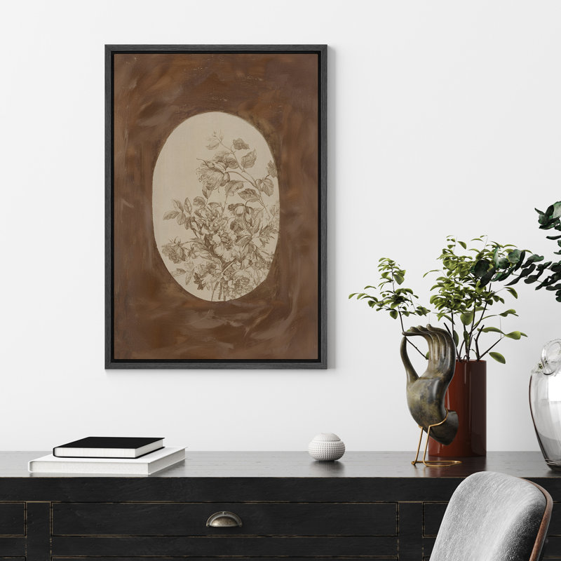 Impression sur toile sépia floral ovale - Décoration botanique antique pour salon ou couloir rustique, Noir