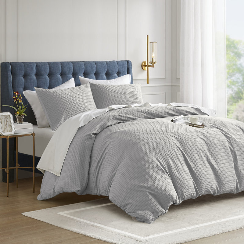 Ensemble de housse de couette texturée Mina Waffle Weave, Gris clair, Housse de couette double / grand + 2 taies décora