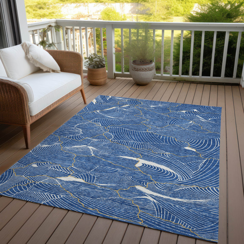 Blue Abstract Crackle Pattern Washable Synthetic Area Rug