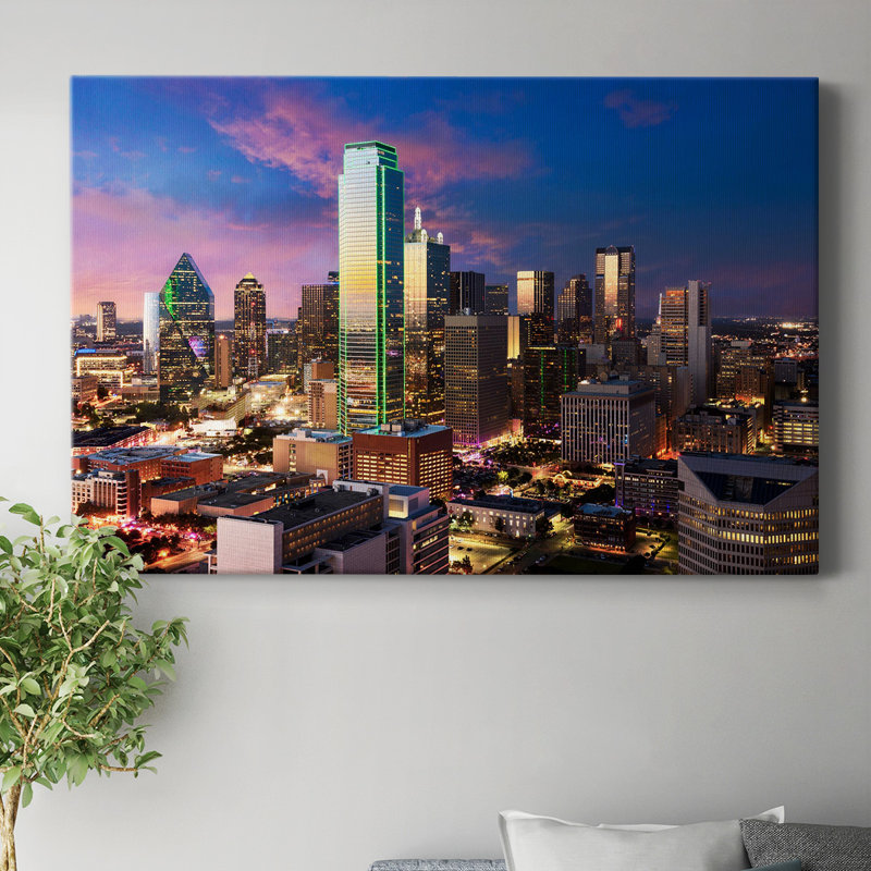 17_Dallas Skyline At Sunset, toile tendue avec châssis de qualité supérieure - prête à être accrochée