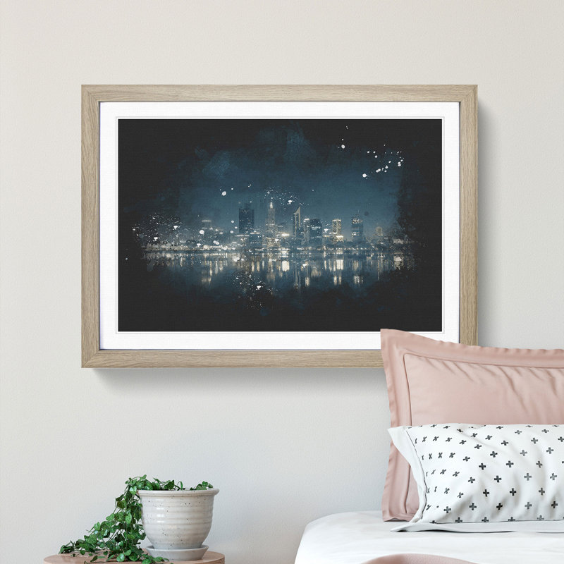 Perth City Skyline Australia at Night - Picture Frame Graphic Art Print, 24cm H x 33cm W x 2cm D, Oak Framed