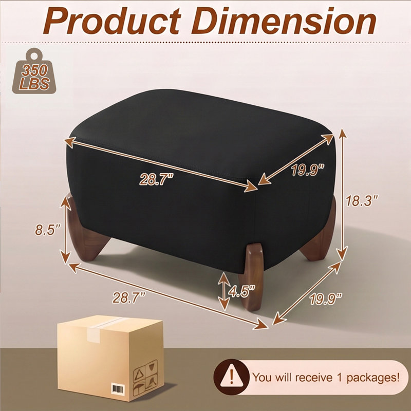 Repose-pieds en similicuir de 28,7 po de largeur avec pieds en bois massif, Pu-black