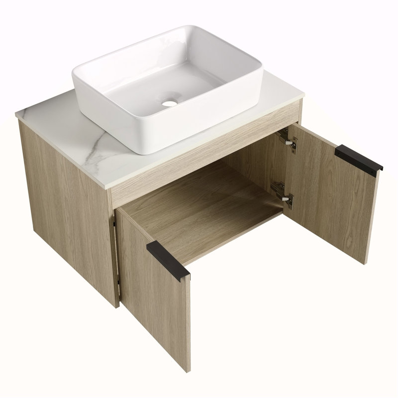 Meuble-lavabo moderne 42 po avec lavabo d'art en céramique, dalle de pierre plate blanche et petites tablettes de rangement, porte à fermeture douce, ensemble KD (Top-BAB110MOWH)