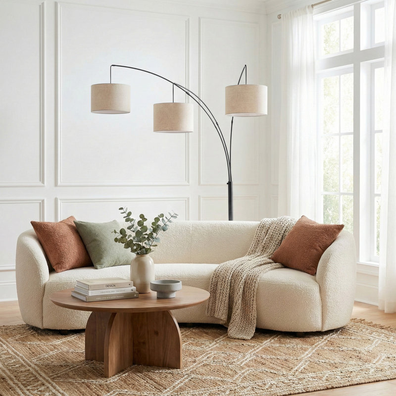 Trilage 84" Modern LED Floor Lamp with 3 Adjustable Arms, Tan Fabric Drum Shade, Black Marble Base, Bulbs Included, Black