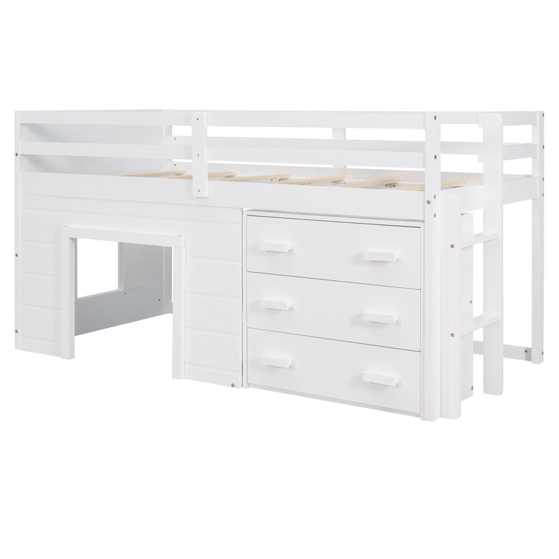 Twin Size Loft Bed with Cabinet and Shelf, White