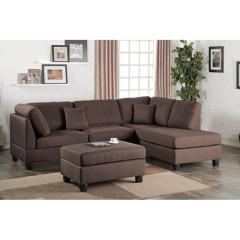 Trusha Upholstered L-Shaped Sectional Reversible, Chocolate Polyester Blend