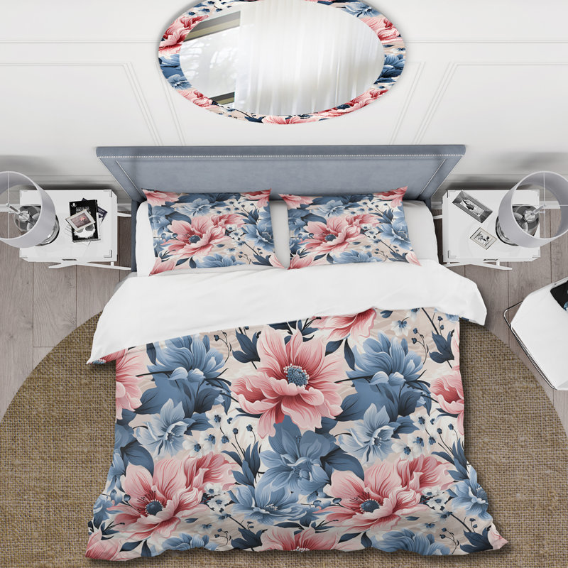 Pink & Blue Gingham Charm Floral Pattern - Ensemble de housse de couette à motif floral